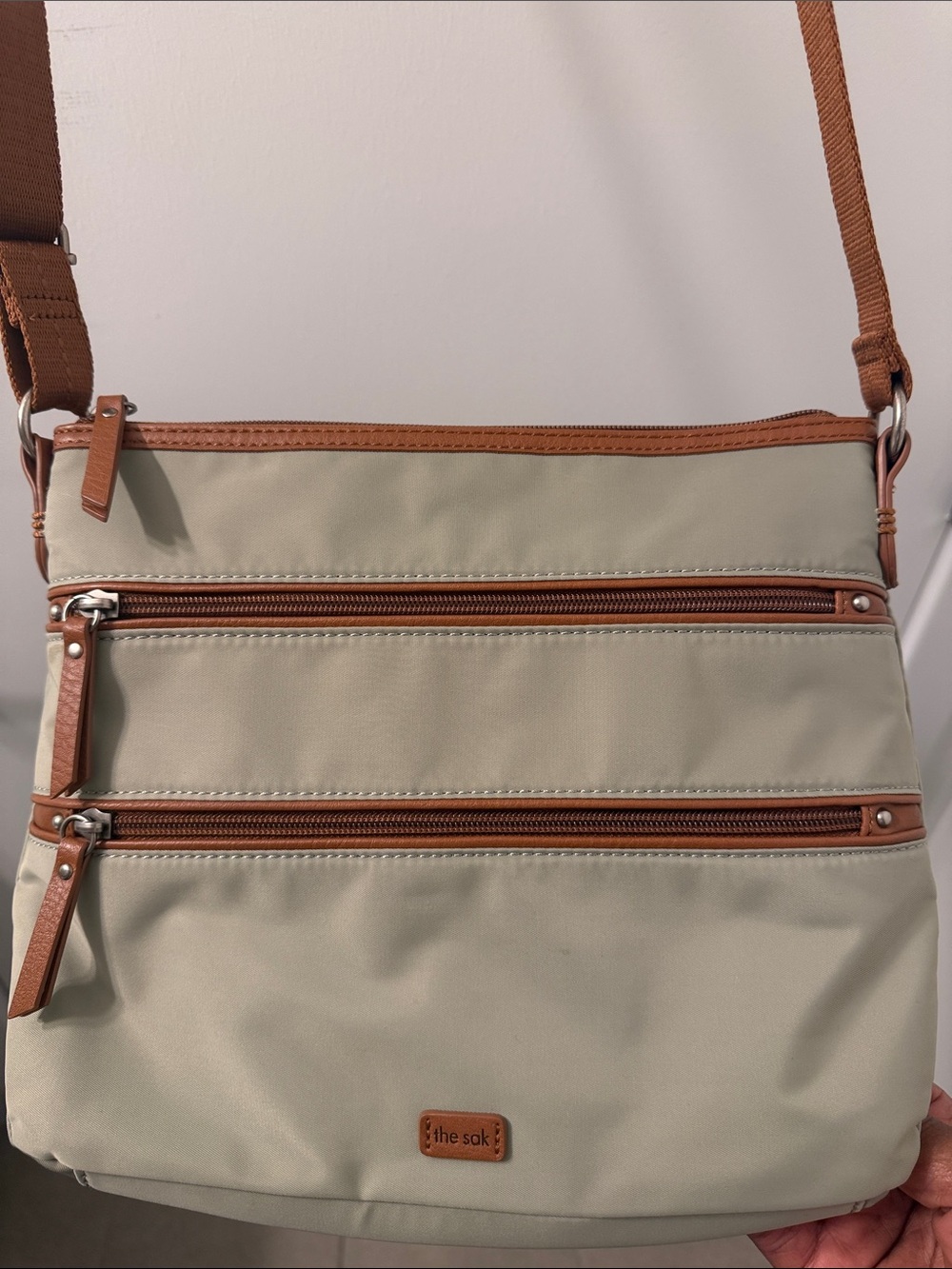 The Sak Beige Messenger Bag with Brown Trim